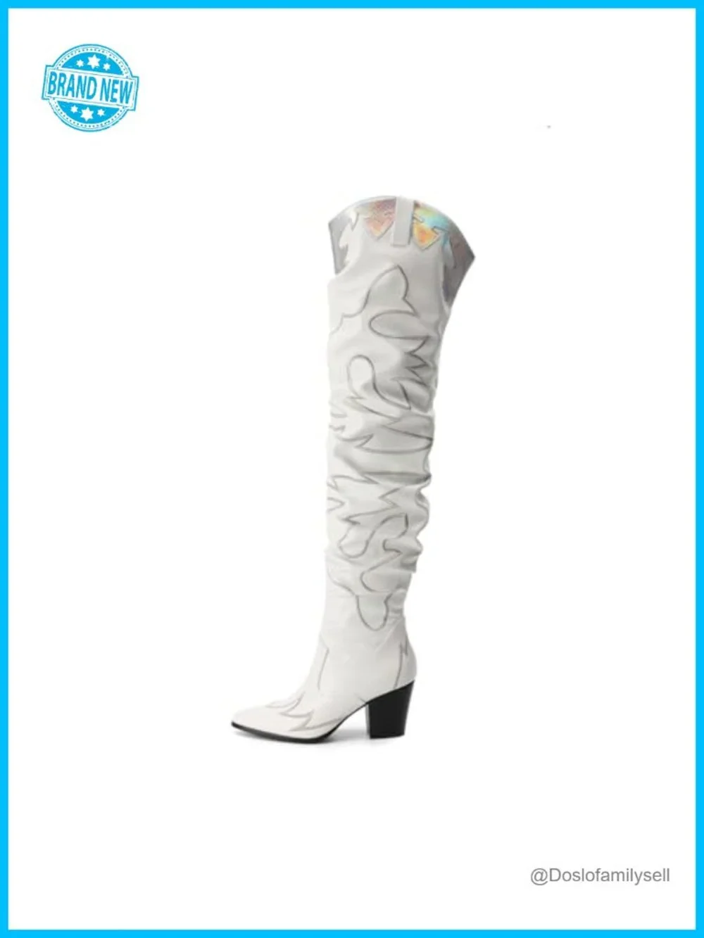 Pointed Toe Over the Knee Cowboy Boots with Embroidery, Chunky Heel, Slouchy